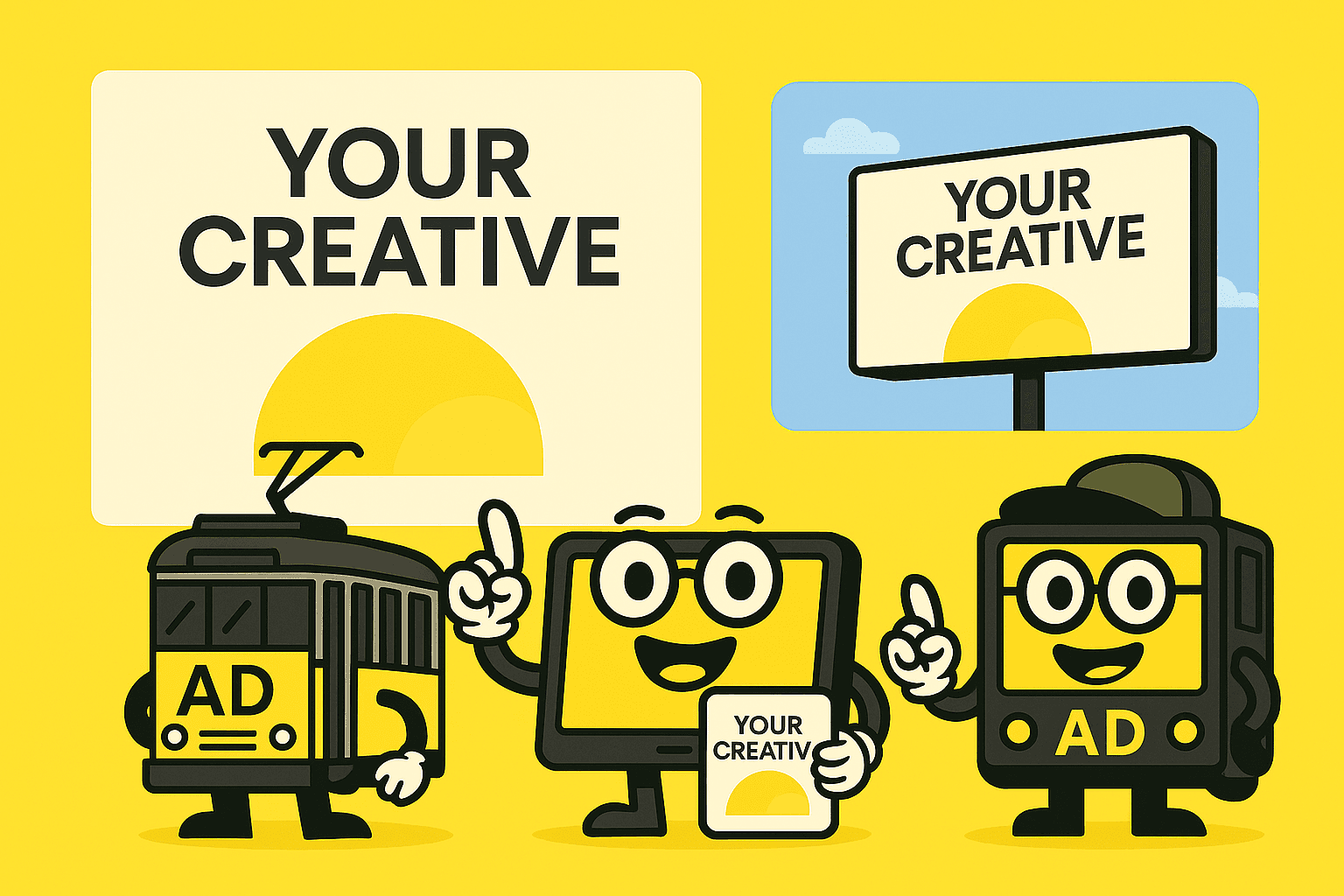 Ad mockups previewed across real placements: billboard, tram, retail panel, website